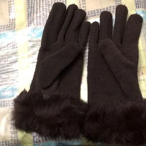 Brown Gloves with genuine rabbit fur trimming, one size, very comfortable